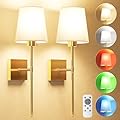 JOFIOS Battery Operated Wall Sconce Set of 2 - Gold Wireless Battery Wall Sconce with 5200mAh Rechargeable Light Bulb and Remote, RGB and Dimmable Cordless Wall Lights for Bedroom, Living Room