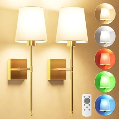 JOFIOS Battery Operated Wall Sconce Set of 2 - Gold Wireless Battery Wall Sconce with 5200mAh Rechargeable Light Bulb and Remote, RGB and Dimmable Cordless Wall Lights for Bedroom, Living Room