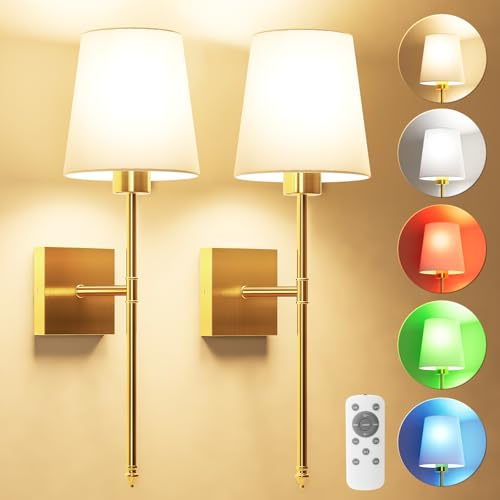 Image of JOFIOS Battery Operated Wall Sconce Set of 2 - Gold Wireless Battery Wall Sconce with 5200mAh Rechargeable Light Bulb and Remote, RGB and Dimmable Cordless Wall Lights for Bedroom, Living Room