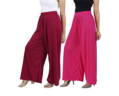 Image of Buy That Trendz M to 6XL Cotton Viscose Loose Fit Women Flared Wide Leg Palazzo Pants for Maroon Rani Pink 2 of Pack Combo Large