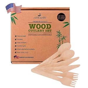 rebEarth disposable 120 Forks 120 Spoons 60 Knives All Natural Eco-Friendly Heavyweight Cutlery Set 6.3″ – Durable, Heat Resistant and Comfortable – Perfect Alternative to Plastic for Every Occasion