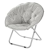 mDesign Urban Papasan Folding Moon Chair - Large Saucer UFO Chair with Collapsible Metal Frame - Fuzzy Foldable Dish Seat for Home Office, Living Room, Dorm Room, and Bedroom - Gray/Silver