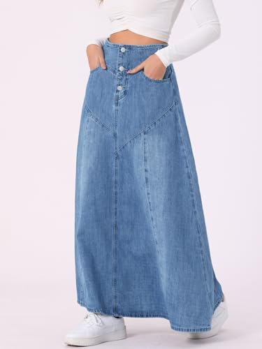 Allegra K Casual Denim Skirt for Women's High Waisted A-Line Flared Maxi Skirts4
