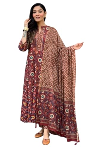 Ensemble kurta rouge bordeaux pour femme avec pantalon et dupatta imprimé Ajrakh taille 42