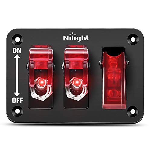 Nilight 3 Gang Toggle Switch 12V Rocker Switch Panel with LED Light and Flip Cover Heavy-Duty ON/Off Switch Plate 3 Pin SPST Rocker Switch，2 Years Warranty