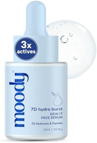 Moody 2% Hyaluronic Face Serum with Niacinamide Peptides For Dewy Hydrated & Plumped Skin With 7D Hydro Burst | Daily Hydrating Face Serum For Bouncy Skin | Paraben Free Serum for Men & Women | 20 ml