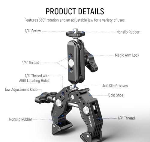 NEEWER Super Clamp with 3" Dual Ballhead Magic Arm, Cold Shoe, 1/4" Threads, Phone/Action Camera Mount Adapter for Desk Tripod Tube Crossbar Gimbal Rods Compatible with SmallRig GoPro DJI, ST83 by NEEWER - Image 2