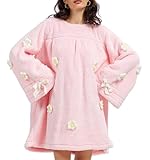 AIWUFLY Sherpa Fleece Sweatshirt Dress for Women Cute Oversized Solid Long Sleeve Nightgown Sleepwear Crew Neck Relaxed Waist Knee-Length Sleepdress with 3D Daisy Flowers Pink One Size