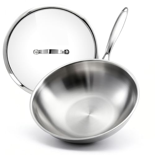 WANGYUANJI 4.2 QT Tri-Ply Stainless Steel Wok Pan with Lid 12 Flat Bottom Stir Fry Skillet for Asian Cuisine Premium 18/10 Induction Cookware for 3-4 Servings Oven Safe