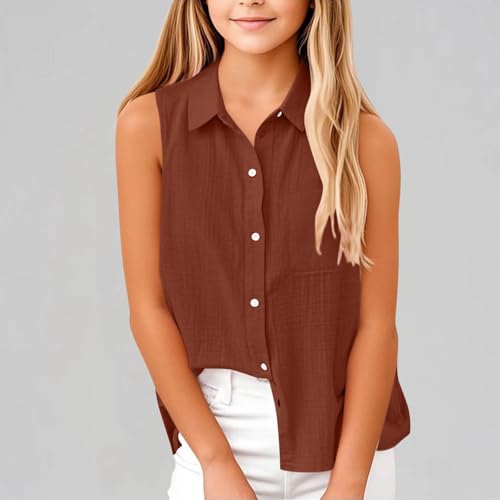 Sleeveless Shirts for Girls Dressy Casual Summer Blouses Kids Fashion Cotton Linen Elegant Formal Tank Tops T-Shirts2