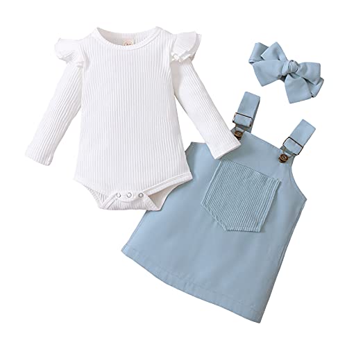 Image of Kupretty Newborn Baby Girl Fall Clothes Ruffle Long Sleeve Ribbed Romper Suspender Skirts Headband Infant Winter Outfit