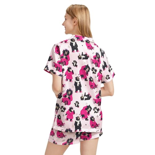 Image of Silk Satin Pajama Set for Women Summer Lounge Pjs Sets 2 Piece Suit Ladies Button Down Tops And Shorts Sleepwear
