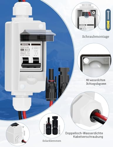 DIHOOL DC trennschalter PV anlage, Miniatur Leistungsschalter, DC12V-400V Sicherungsautomat 1 String 2 polig 30A Mit Solarstecker Kabel IP65 Gehäuse Für balkonkraftwerk, batterie, Solarmodule