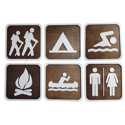 National Park Sign, Hiking Trail Symbol, Camping Wall Art Set, Recreation Plaques, Nursery Gift, Cabin Decor, Choose From 150 Icons (Set of 6 Custom Signs, Large (11.25"))
