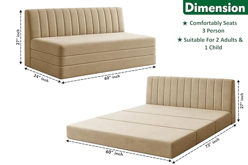 Image of 3-Seater Foldable Floor Sofa Bed with, Modern Velvet Fabric Folding Couch for Living Room, Guest Room & Small Spaces-Golden