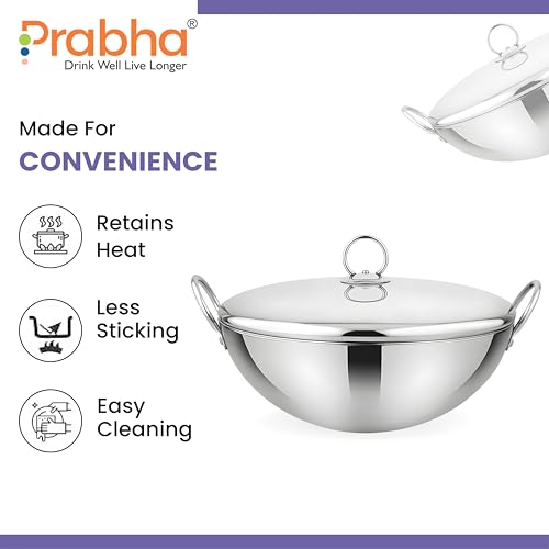 Image of Prabha Capsule Round Bottom Kadhai 2.4 L -28 CM | Tri-Ply Layer Steel kadhai with Lid | Compatible with Gas Stove | Cookware kadai for Cooking | Kadhai for Deep Frying | kadai Induction Base /Stove