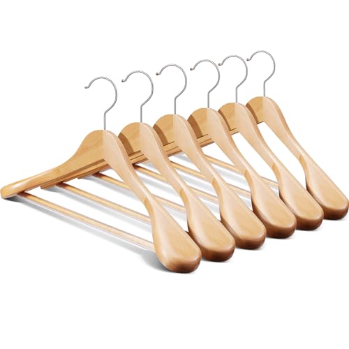 Ulimart Wide Shoulder Hanger 10 Pack,Solid Wood Hanger,Heavy Duty Suit Hangers,Coat Hangers with Retotating Hooks & Non Slip Pants Bar,Smooth Clothes Hangers for Sweater, Pants, Jacket(Natural