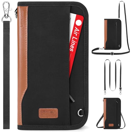 Looxmeer Reisepass Tasche Familie Reisepasshülle mit RFID-Blocker, Wasserdicht Reiseorganizer, Travel Organizer Damen Herren für Reisedokumente kreditkarten Tickets Ausweis, Schwarz & Braun