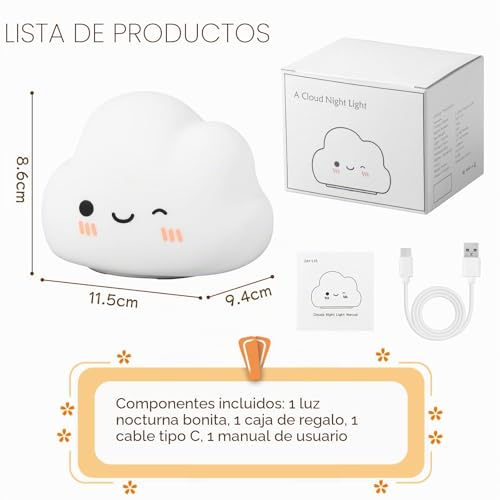 Miniatura 8 de Diboniur Luz Bebe Nocturna, Luz Nocturna Infantil Control Táctil, 7 Colores 3 Brillo, Lampara Bebe Noche Recargable Luz Quitamiedos Infantil, Deco Dormitorio De Niñas Nube
