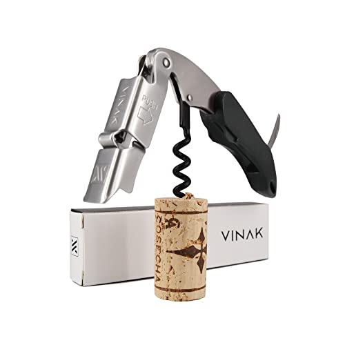 VINAK - Sacacorchos camarero profesional XPERT en acero inoxidable con doble apoyo articulado + abrebotellas + navaja cortacápsulas y espiral teflonada (Negro)