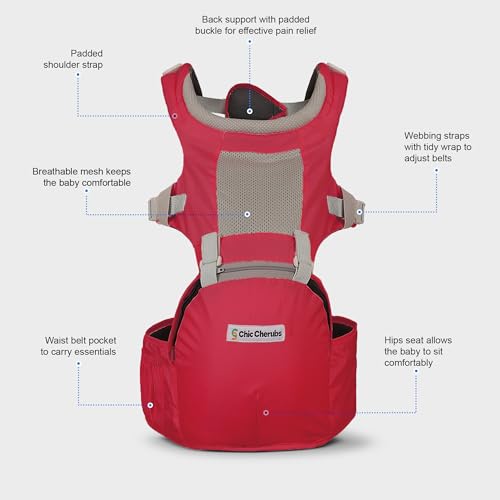 Image of Baby Carrier with Hip Seat, Ergonomic 4 in 1 Carrier Positions, Newborn to Toddler Adjustable Baby Carrier for 4-36 Months, Comfortable Padded Straps, Supports Up to 15 kg (Red)
