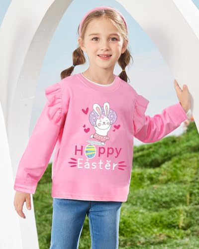 Tkria Toddler Girls Happy Easter T-Shirt Bunny Eggs Ruffle Long Sleeve Shirt Kids Tee Top 2-7T4
