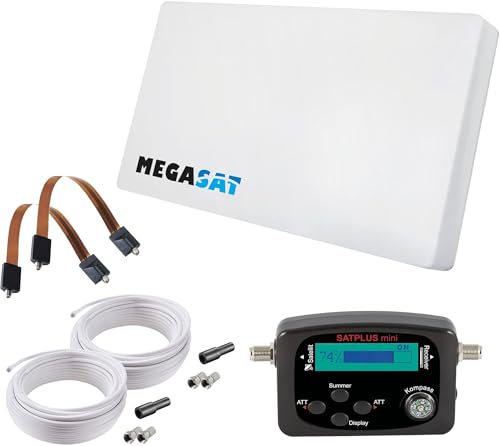 Megasat Antena Plana Set – D2 Profi Line (2 usuarios, Incl. 2 × 10 m de Cable, buscador de satélite, 2 × pasacables para Ventana, LNB Intercambiable, múltiples Opciones de Montaje) – Blanco