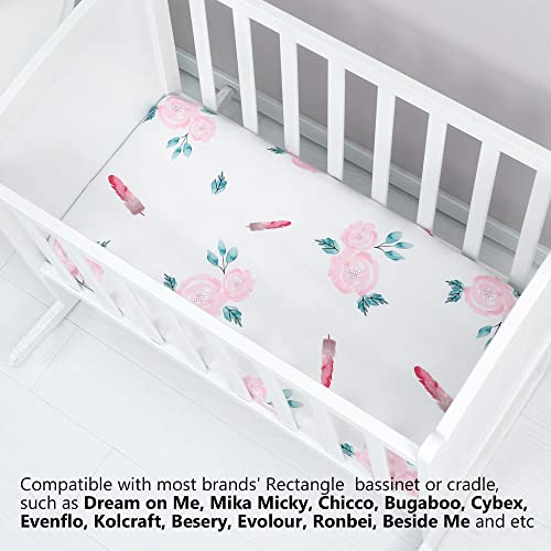 TILLYOU Baby Bassinet Sheets for Girls Boys 2 Pack Baby Sheets for Square Rectangle Oval Bassinet Mattress 33X16 Inch, Floral Flowers - Thumbnail 4