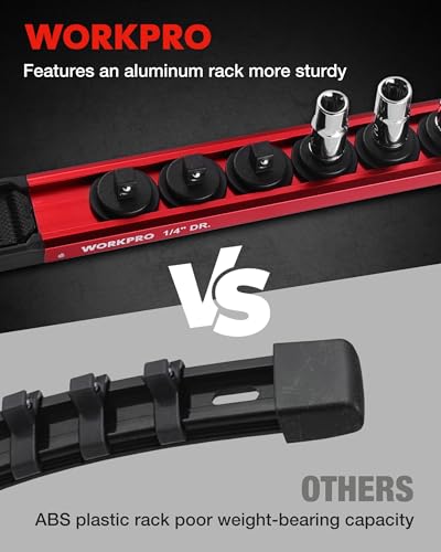 Image of WORKPRO Magnetic Socket Organizer Set, 1 /2 inch 3 /8 inch 1 /4 inch Drive Aluminum Alloy Socket Holder with Removable Socket Clip for Quick Customization, 3PC Socket Rail for Tool Box Drawer (Socket Excluded)