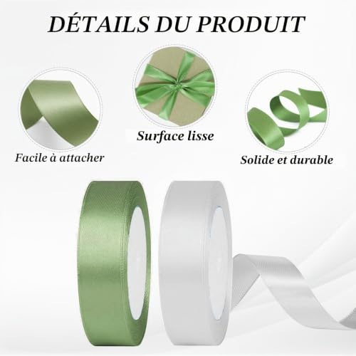 4 Rouleaux Satin Blanc Vert Réutilisable, 22m×20mm pour Jeux du Ruban Bouquet Mariée, Cadeau Emballage à Usages Multiples, Couture Inauguration, Décoration de Mariage – vue 5