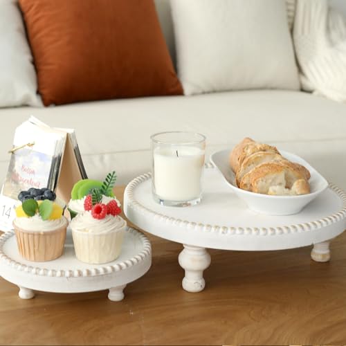 SwallowLiving Rustic Set of 2 White Round Wood Tray Riser Farmhouse Pedestal Stand with Beaded Edge for Decor Whitewash Finish Wooden Cupcake Display for Cakes and Decorative Items 11.8/7.5 inches - Thumbnail 5