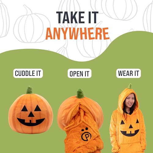 Image of Wearable Blanket Hoodie, 2-in-1 Oversized Hoodie Blanket Pillow, Long Sleeve Sweatshirt Pocket, Cozy Gift for Men and Women - Pumpkin