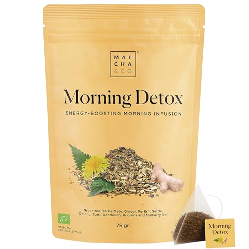 Matcha & CO Infusión Morning Detox, 30 dosis de infusión depurativa y energizante con Té Verde, Mate, Jengibre, Ortiga, Diente de León y Rooibos