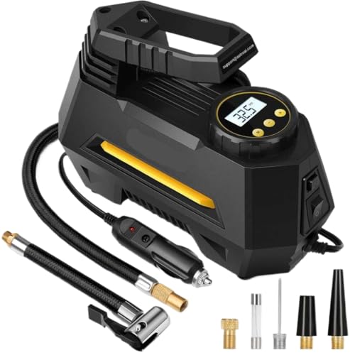 Portable Tire Inflator 12V DC Air Pump with Digital Gauge LED Light 9.8ft Cord Compatible with Car Bike Balloons Yellow