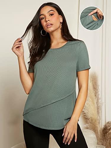 Verdusa Women's Nursing Tee Top Maternity Breastfeeding Short Sleeve T Shirt Army Green S #TOP6