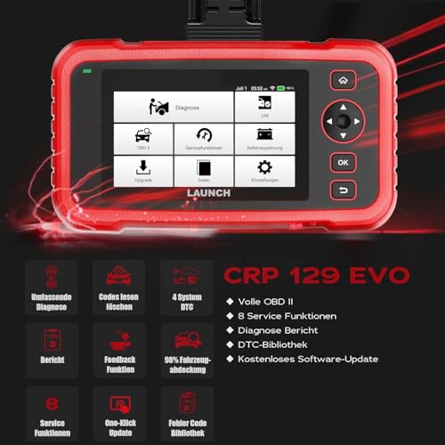LAUNCH Europe CRP 129 EVO OBD2 Diagnosegerät Auto Auslesegerät Kfz-Diagnose EOBD Tester 4 Systemen Motor, ABS, SRS, Automatik Getriebe + 8 Service Funktionen mit Touchscreen WiFi kostenlose Update