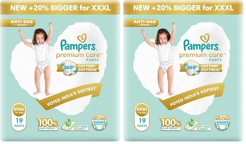 Image of Pampers Premium Care Pant Style Baby Diapers | XXX-Large (XXXL size) | 19 Count | Voted India's Softest | All-in-1 with 360 Cottony Softness Diapers | 16-30 kg (Pack of 2)