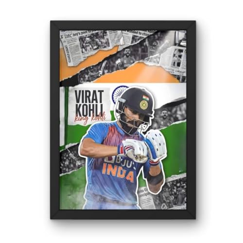 Image of Virat Kohli King Kohli Framed Poster, Cricket Sports Theme Wall Art, A4 Size 24x34 cm, Black Frame of Indian Cricketer (1)