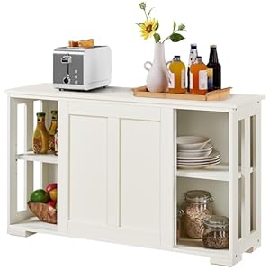 Yaheetech Credenza Mobile da Cucina Bianco Avorio con 2 Ante Scorrevoli Salvaspazio e Ripiano Regolabile in Legno Mobiletto TV da Salotto Soggiorno 106,7 x 33 x 63 cm