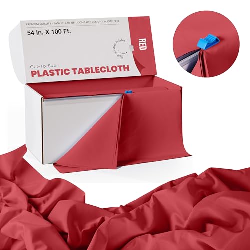 Image of Exquisite Party Solids 54 Inch X 100 Feet Red Plastic Table Cover Roll in A Cut - to - Size Box with Convenient Slide Cutter. Cuts Up to 12 Rectangle 8 Feet Plastic Disposable Tablecloths