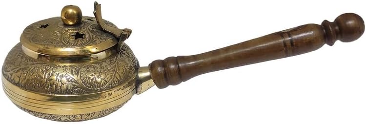 Quemador de resina de latón floral antiguo Dhoop Dani incienso titular con mango de madera, tapa
