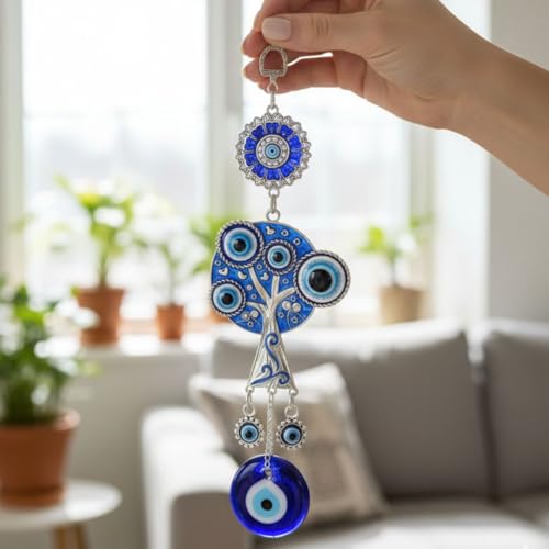 Image of BLUE BEADS Turkish Feng Shui Vastu Blue Glass Evil Eye Hanging /Door Hanging Nazar Batu for Protection and Good Luck - Perfect for Gifting Home or Office (Lucky Tree)