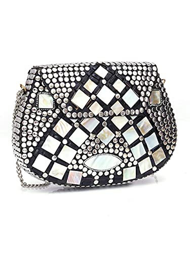 Image of Shakuntala Vintage Clutch - Metal Mosaic Stone & Shell Design Purse - Handmade Women's Handbag