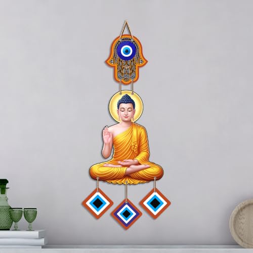 Image of Artvibes Buddha Wall Hanging with Evil Eye Charms | Spiritual Wooden Decor Symbolizing Peace | Growth and Positive Energy | Decorative Hanging for Living Room | Meditation Room | Art Gift (WH 85101N)