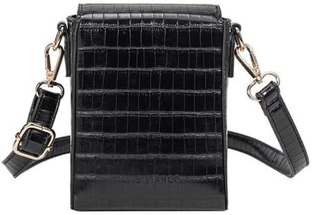 Melie Bianco Carly Vegan Leather Crossbody Bag, Black Croco-Embossed, Phone Purse with Beaded Handle, Gold Hardware