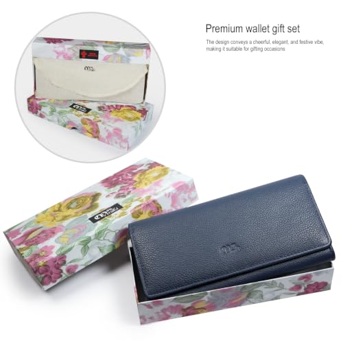 Image of Women's Top Grain Leather Wallet, RFID Blocking Bifold clutch, 17 Card Slots, Zip Pocket Organizer, Elegant Gift for Women - Birthday, Valentine, Anniversary - NAVY