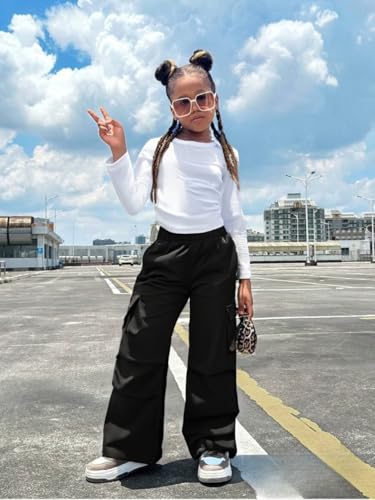 Image of Azmxynol Girls Clothes 2 Piece Outfit Ribbed T-Shirt Top + Cargo Pants, Girls Fall Clothing Set, Sizes 5-16 Years