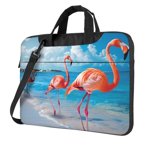 Flamingo on Beach Sac à bandoulière pour ordinateur portable avec bandoulière et poignée, Noir , 13 inch