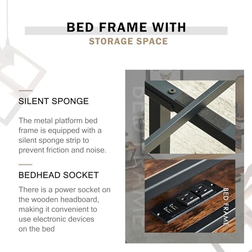 Image of Virabit King Bed Frame with Headboard, Bed Frame King Size with Charging Station, No Box Spring Needed, Steady and Noiseless, Easy Assemble.(Brown)