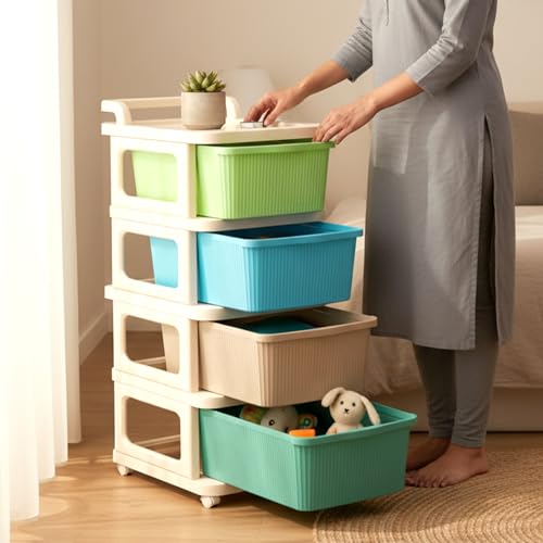 Image of BabyPro 4 Layer Plastic Drawer Organiser with Wheels, Storage Cabinet | For Modular Storage, Durable, Portable, Multi-Purpose Chest of Drawer